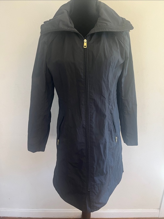 Cole Haan Jackets & Blazers - Cole Haan Black Hooded Long Rain Jacket with Gold Zippers